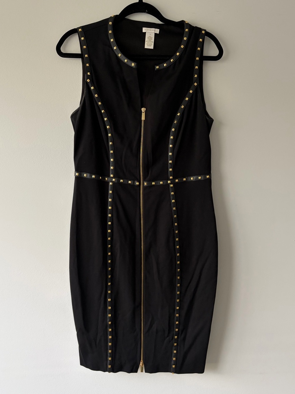 VTG Cache Studded Faux Leather Zip Front Bodycon Sheath Dress Black Gold Y2K 12